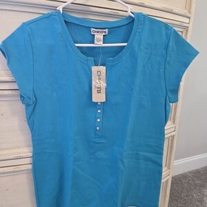 Chico's Bright Turquoise Henley Cap-Sleeve Top